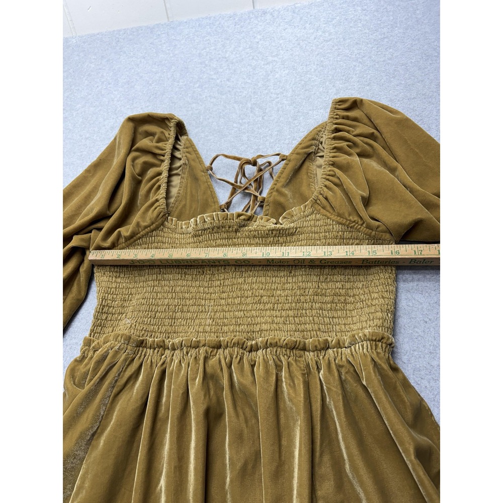 Free People Dress Womens Large Mustard Velvet Smocked Puff Sleeve Lace Up Back - Picture 7 of 15